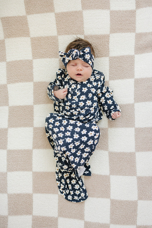 Navy Daisy Ribbed Bamboo Head Wrap