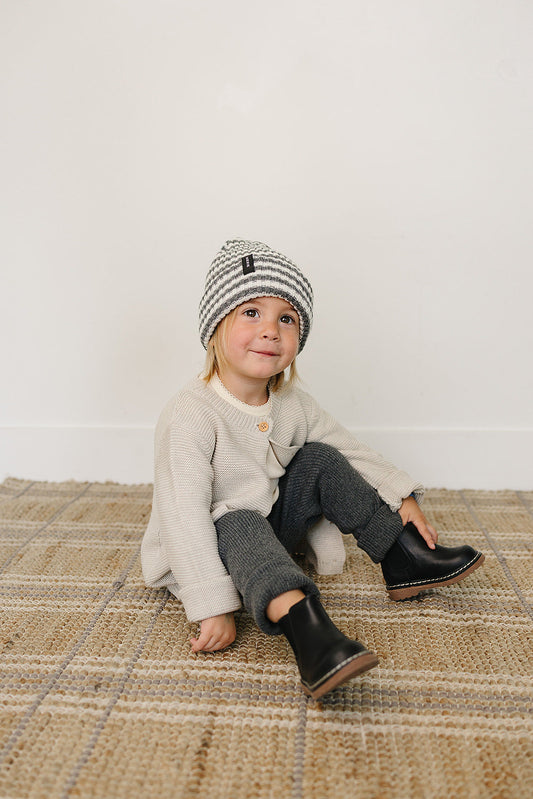 Grey & White Stripe Chunky Knit Beanie